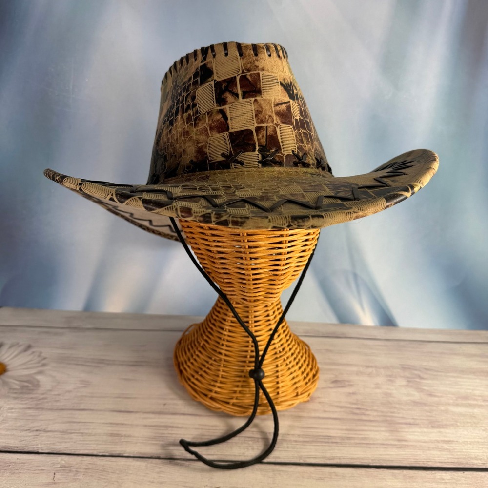 Cowboy Hat OS Brown Faux Snakeskin Leather Whipstitch Western Chin Strap NEW